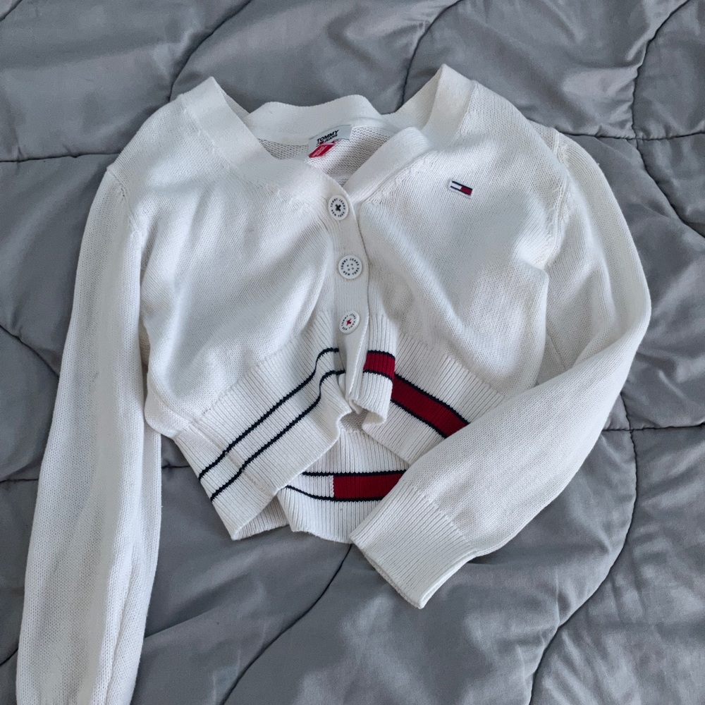Tommy Hilfiger White Knit Cardigan with Red and Blue Accents